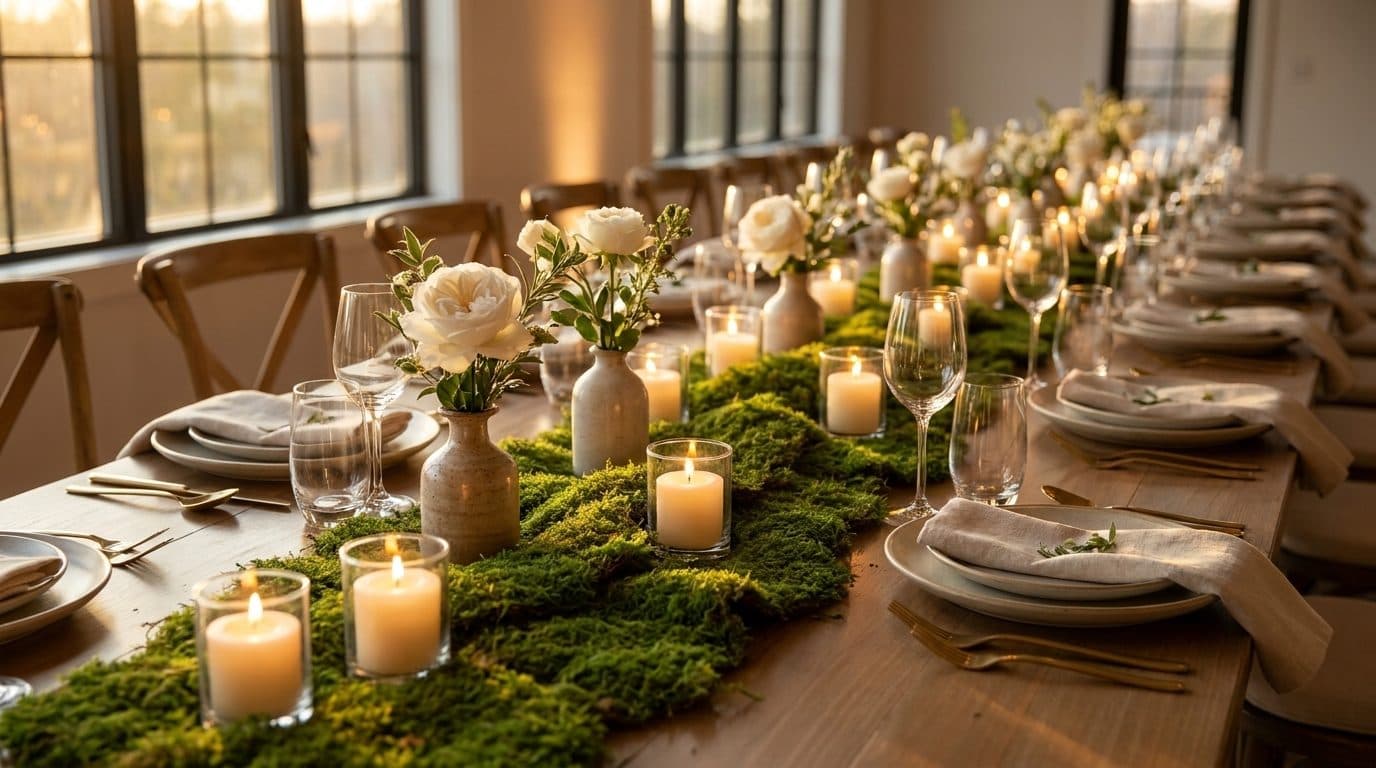 Wedding table with a preserved sheet moss runner, candles, and white roses