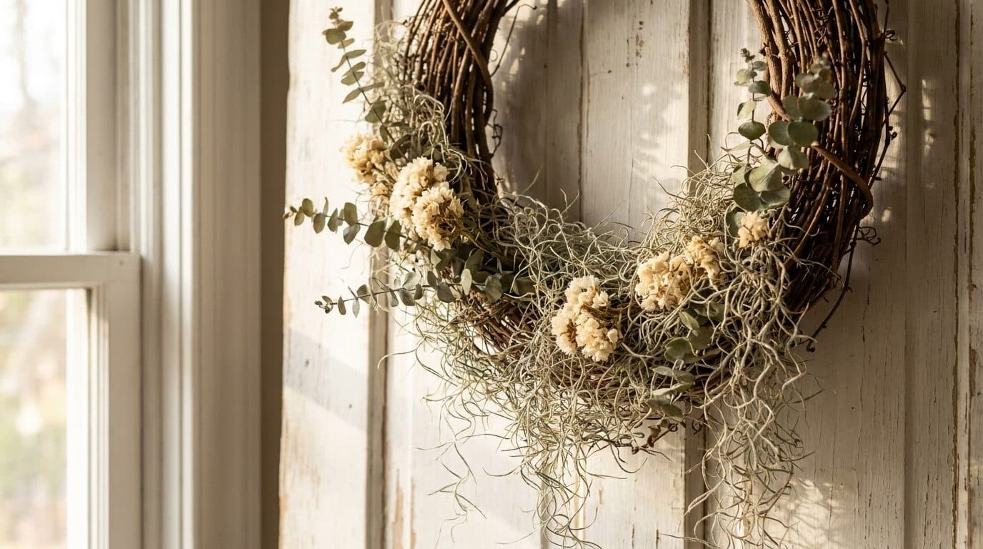 Grapevine wreath wrapped in natural Spanish moss on a white door
